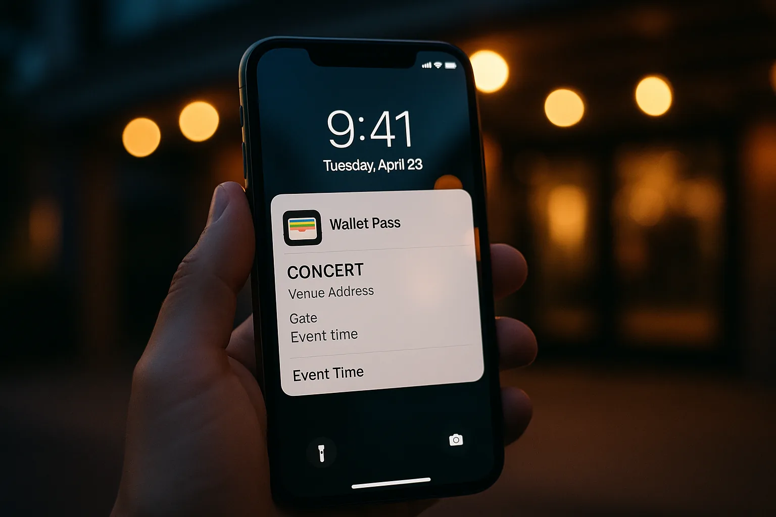 Smartphone lock screen displaying a wallet pass notification with venue details, gate number, and event time, with a blurred concert venue entrance in the background