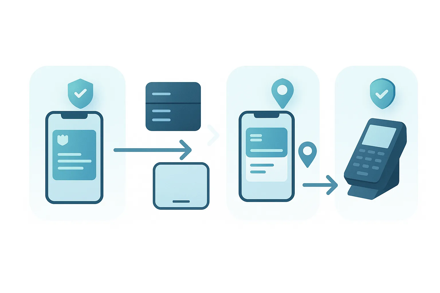 Diagram showing the four stages of a wallet pass lifecycle: issuance, dynamic updates, location triggers, and redemption, with data sensitivity indicators at each stage