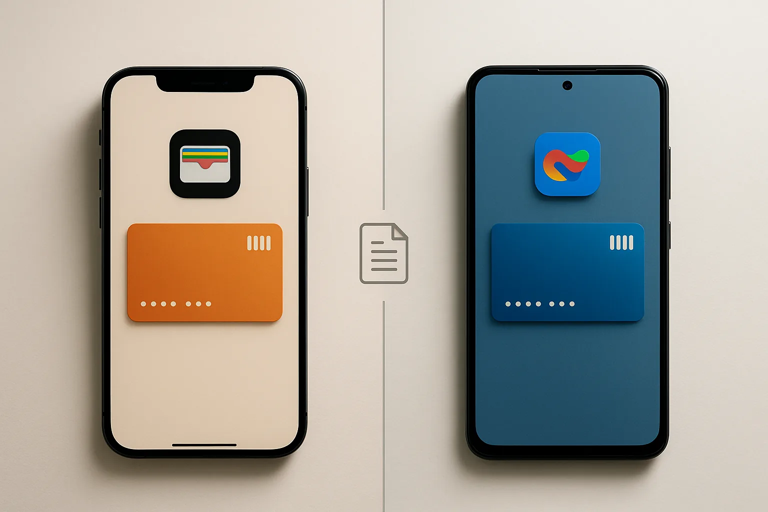 Side-by-side comparison of Apple Wallet and Google Wallet loyalty passes on two smartphones, representing the different platform policy requirements for each ecosystem