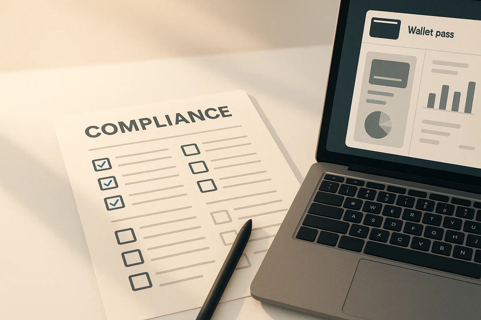 A printed compliance checklist document with four sections of checkboxes on a clean desk next to a laptop, representing the wallet pass compliance review framework