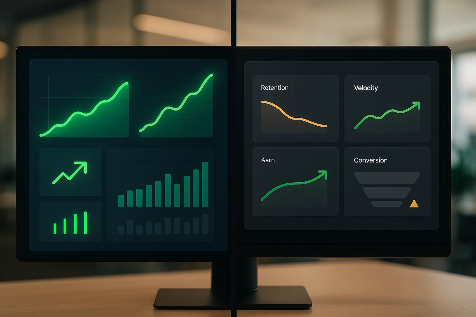 Split-screen comparison of a vanity metrics dashboard with inflated green trendlines versus a focused signal metrics dashboard showing retention, deletion velocity, and conversion data