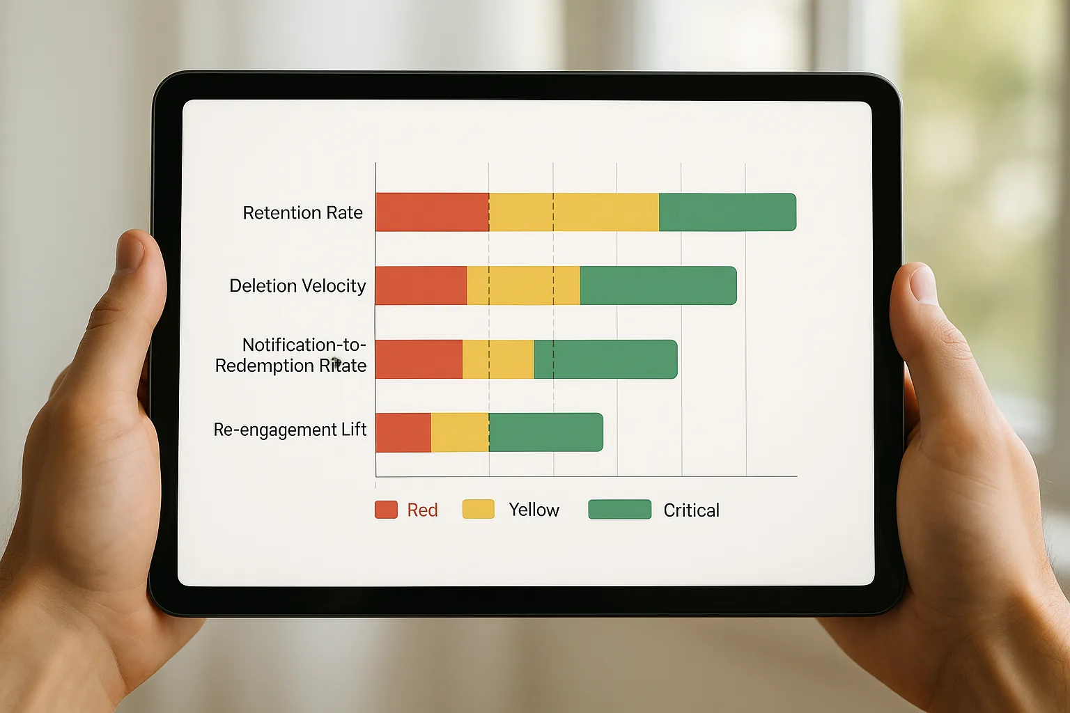 Tablet displaying a color-coded benchmark chart with healthy, at-risk, and critical ranges for the four core wallet pass KPIs