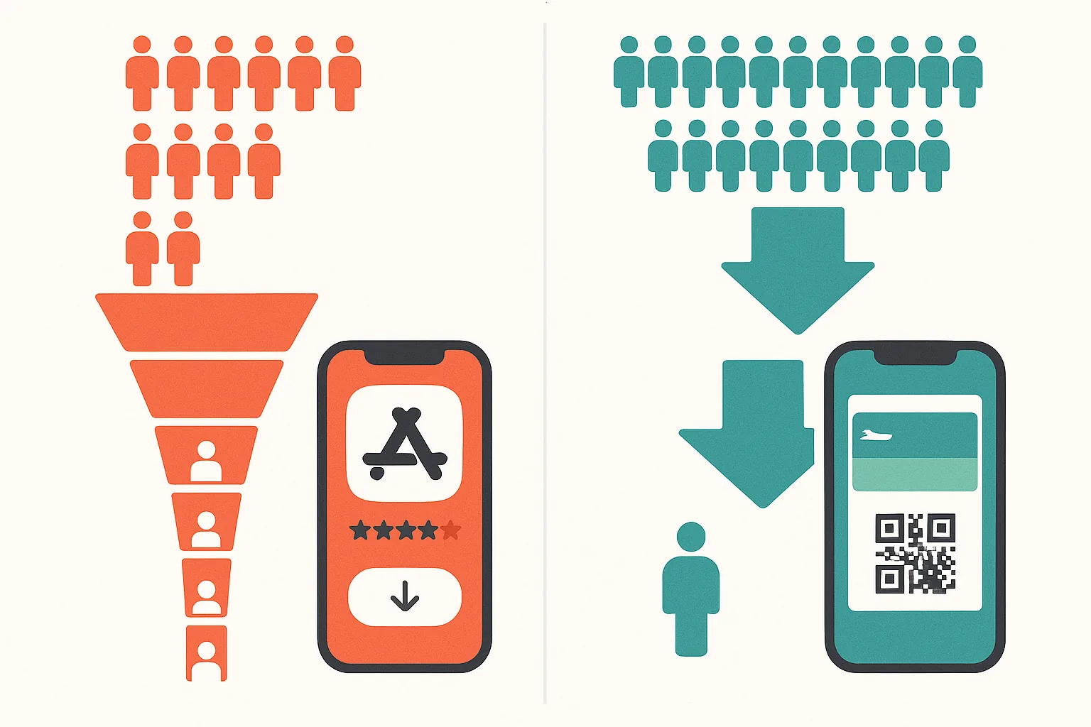 Comparison showing the 5-step event app download funnel with significant user drop-off at each stage versus the streamlined 2-step wallet pass addition process that retains most users