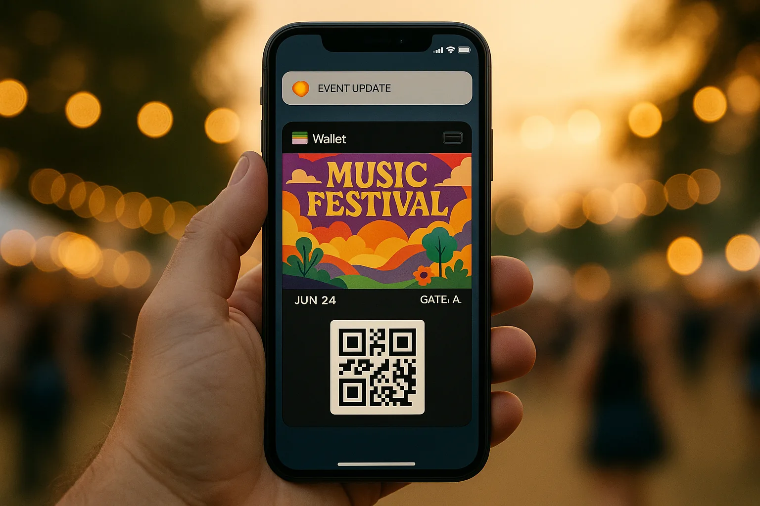 iPhone displaying an Apple Wallet music festival pass with QR code, event details, and a lock-screen notification showing a real-time event update